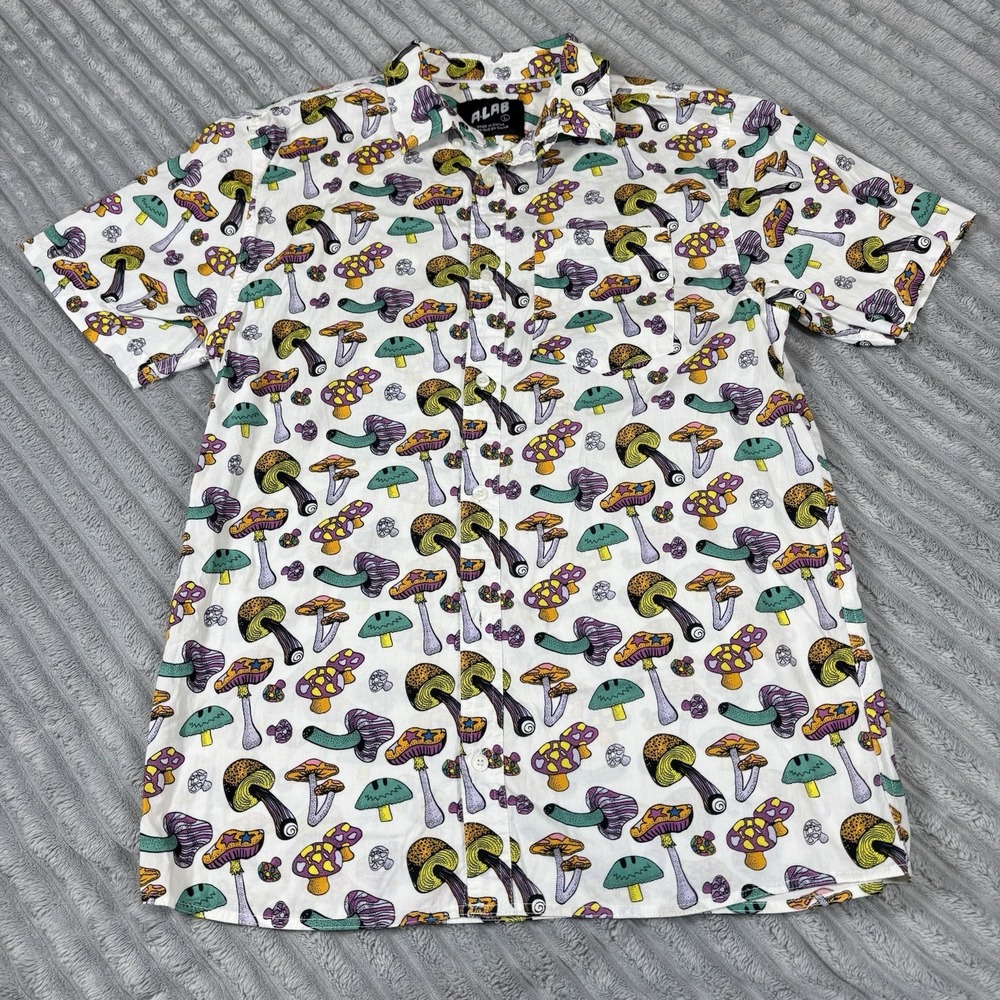 ALab Men's Button‎ Down Shirt Mushrooms Multicolor Short Sleeve Size Large